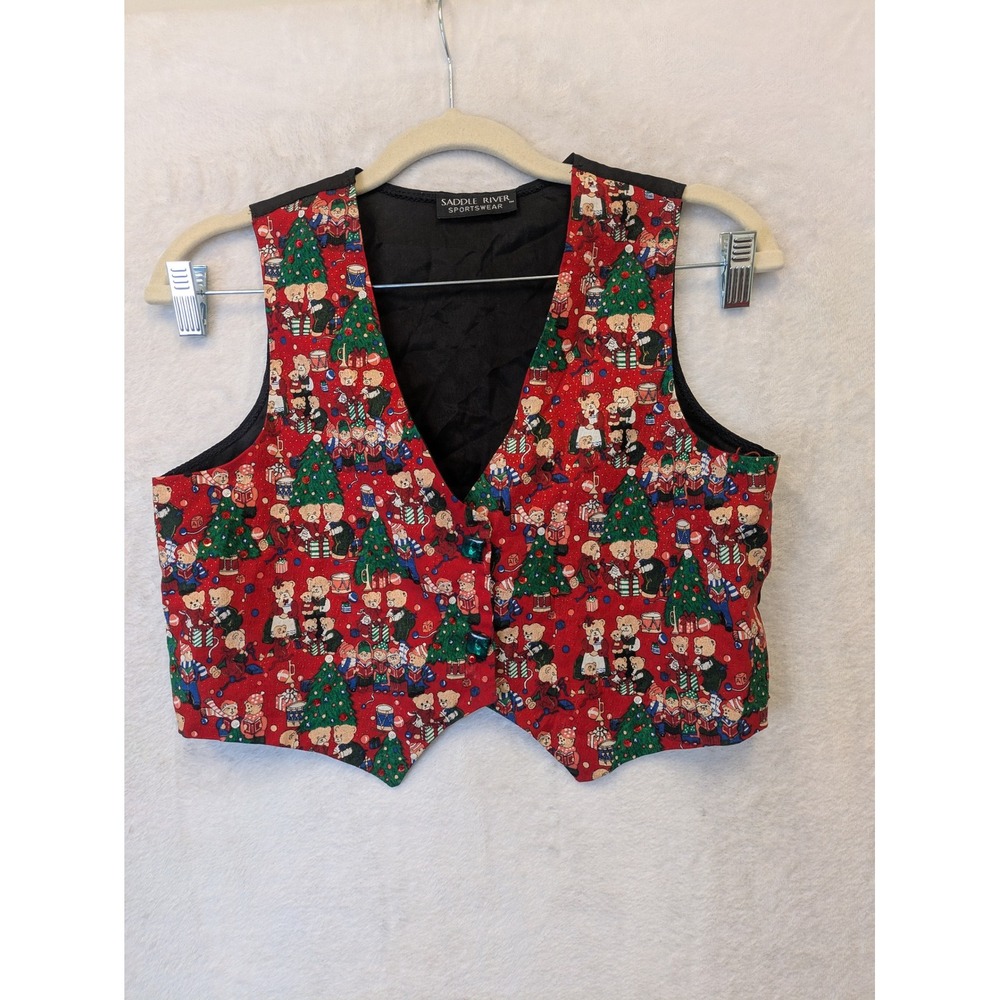 Kids Christmas‎ Bear Tree Holiday Vest Red Green Vtg Size 7/8